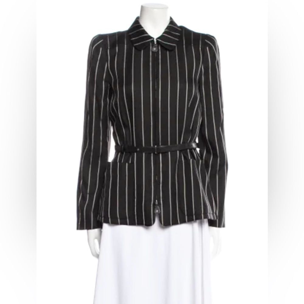 Giorgio Armani Womens Black And White Striped Zip-Up Blazer W/ Adjustable Belt S